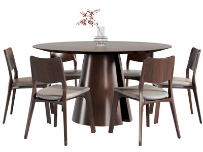 现代中古风圆形餐桌椅组合3d模型 现代中古风圆形餐桌椅组合