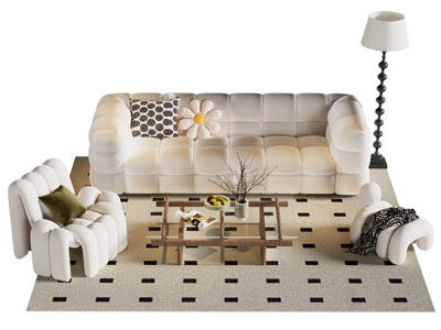 现代奶油风多人沙发 休闲椅子和茶几组合
