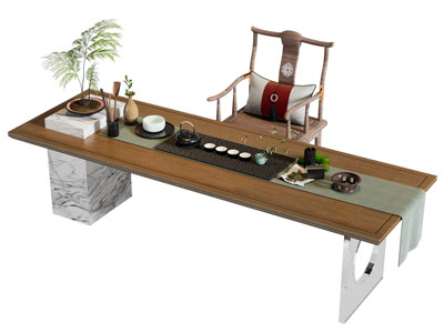 新中式长方形茶桌椅组合3d模型 新中式长方形茶桌椅组合