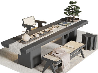 侘寂风长方形茶桌椅组合3d模型 侘寂风长方形茶桌椅组合