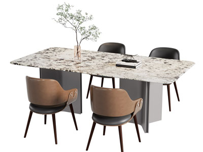 现代长方形大理石餐桌椅组合3d模型 现代长方形大理石餐桌椅组合