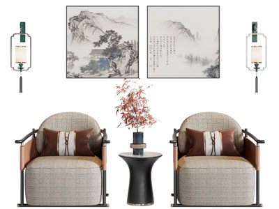 新中式单人沙发 边几 挂画