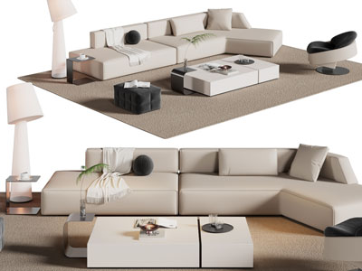 现代布艺奶油风转角多人沙发 茶几组合
