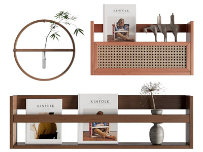 现代中古风墙面实木书架 置物架