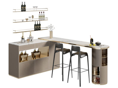 现代轻奢酒柜吧台吧椅组合3d模型 现代轻奢酒柜吧台吧椅组合