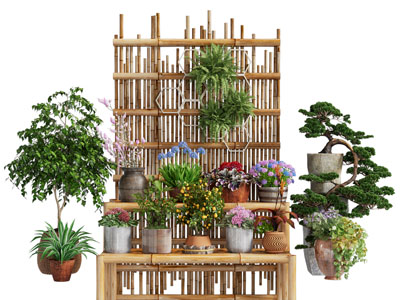 新中式花架 盆景盆栽植物3d模型 新中式花架 盆景盆栽植物