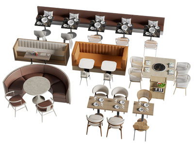 现代饭店卡座餐桌椅组合3d模型 现代饭店卡座餐桌椅组合