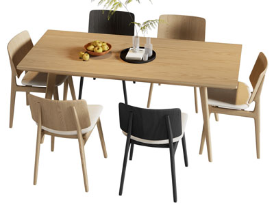 北欧实木长方形餐桌椅组合3d模型 北欧实木长方形餐桌椅组合