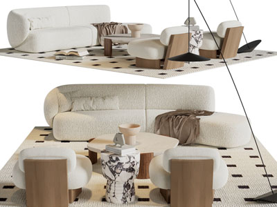 侘寂风奶油风多人沙发 单人沙发和茶几组合