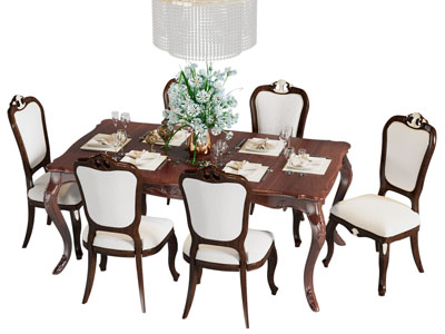 欧式长方形餐桌椅组合3d模型 欧式长方形餐桌椅组合