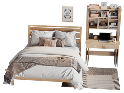 北欧实木双人床 书桌椅组合