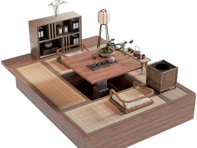 新中式榻榻米茶桌椅组合3d模型 新中式榻榻米茶桌椅组合