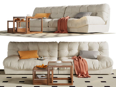 现代奶油风双人沙发 茶几组合