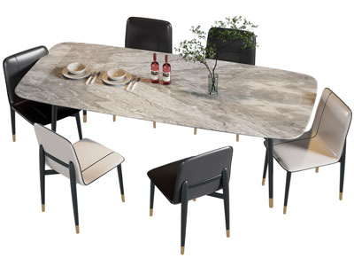 现代圆角长方形餐桌椅组合3d模型 现代圆角长方形餐桌椅组合