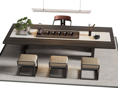 现代长方形实木茶桌椅组合3d模型 现代长方形实木茶桌椅组合