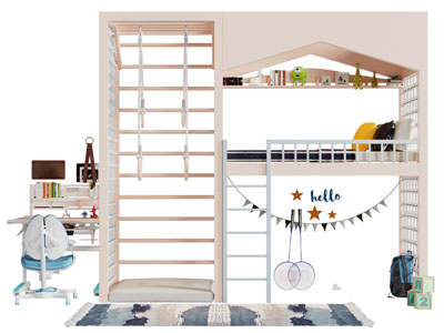 现代儿童上下床 学生书桌椅组合3d模型 现代儿童上下床 学生书桌椅组合