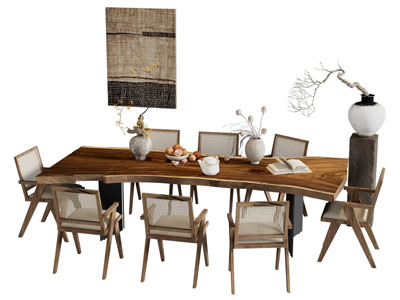 侘寂风中古风木质餐桌椅组合3d模型 侘寂风中古风木质餐桌椅组合