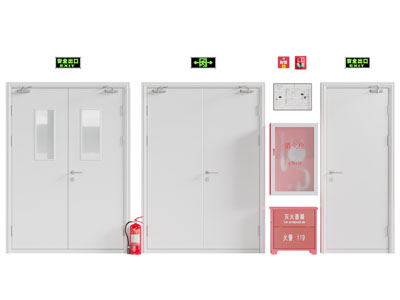 现代双扇平开门 防火门 消防门 灭火器 消防设备