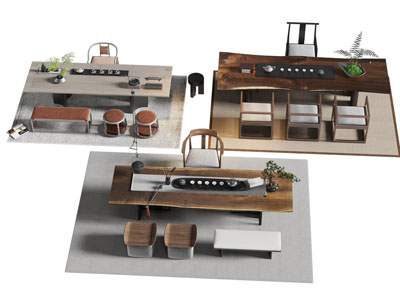 新中式长方形实木茶桌椅组合3d模型 新中式长方形实木茶桌椅组合