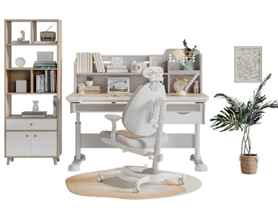 现代学生书桌椅组合 边柜3d模型 现代学生书桌椅组合 边柜