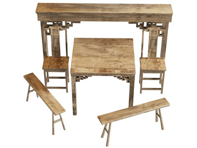 新中式中古风八仙桌 长凳组合3d模型 新中式中古风八仙桌 长凳组合