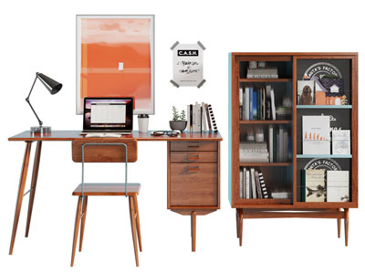 北欧中古风书桌椅组合 书柜3d模型 北欧中古风书桌椅组合 书柜