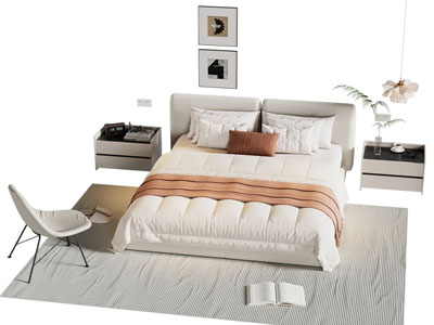 现代奶油风双人床 床头柜 休闲椅子