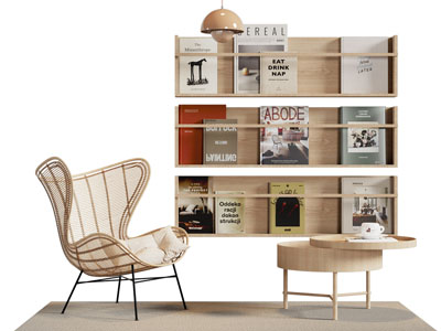 北欧墙面实木书架 休闲椅子 边几