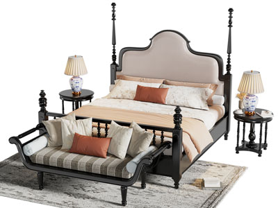 法式双人床 床尾凳 床边几