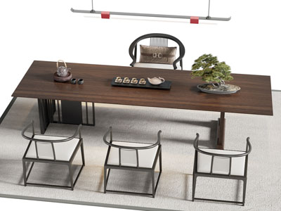 新中式长方形茶桌椅组合3d模型 新中式长方形茶桌椅组合