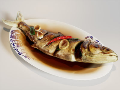 现代盘装烧鱼 蒸鱼 食物食品