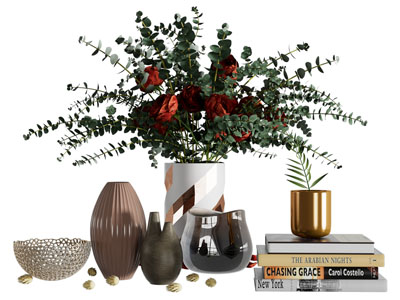 现代陶艺花瓶花卉 书籍 摆件组合3d模型 现代陶艺花瓶花卉 书籍 摆件组合