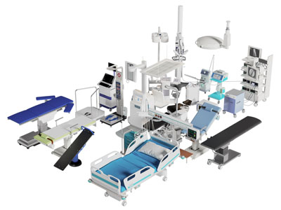 现代医院病床 手术无影灯 B超 CT 磁共振检查仪器 医疗3d模型 现代医院病床 手术无影灯 B超 CT 磁共振检查仪器 医疗