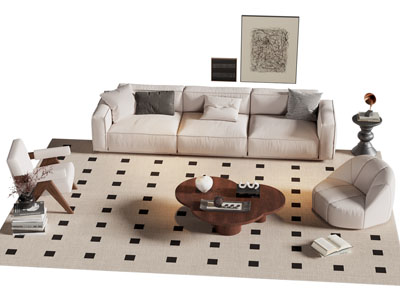 侘寂风奶油风多人 单人沙发和茶几组合