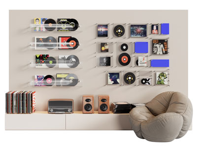 现代黑胶唱片背景墙 留声机 懒人沙发3d模型 现代黑胶唱片背景墙 留声机 懒人沙发