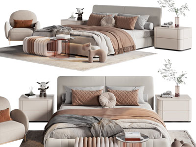 现代布艺双人床 床头柜