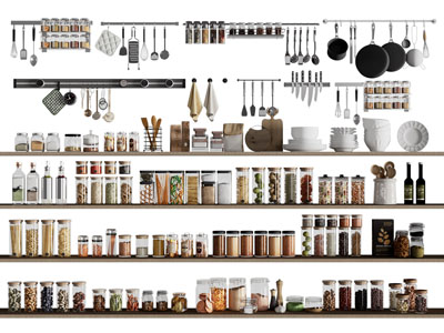 现代收纳置物架上的调料瓶 厨具组合 摆件组合
