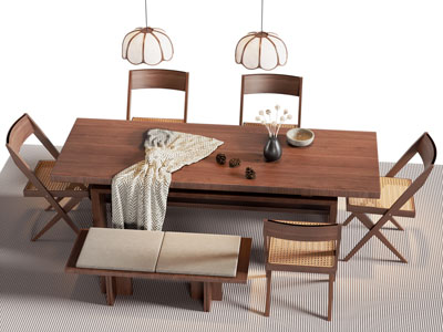 现代中古风长方形餐桌椅组合3d模型 现代中古风长方形餐桌椅组合