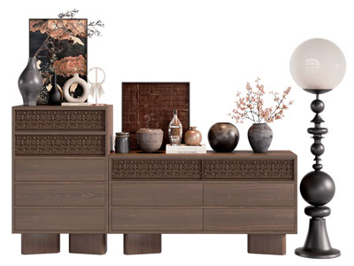 现代中古风玄关柜 边柜 落地灯3d模型 现代中古风玄关柜 边柜 落地灯