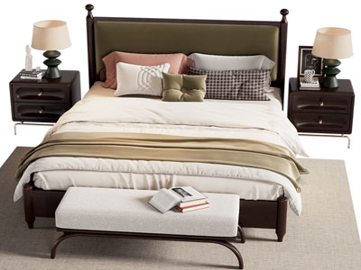 现代中古风双人床 床头柜 床尾凳