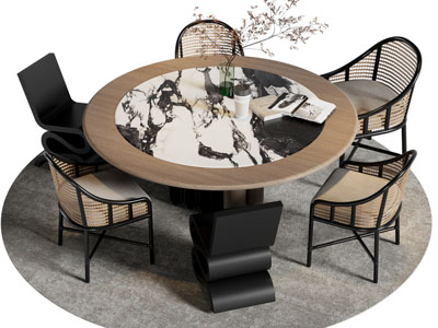 法式中古风圆形餐桌椅组合3d模型 法式中古风圆形餐桌椅组合