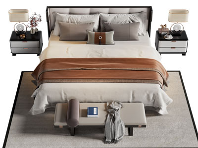 新中式双人床 床头柜 床尾凳