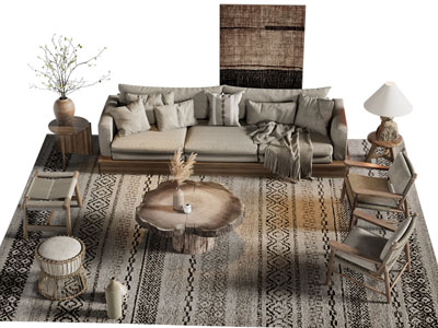 侘寂风多人沙发 休闲椅子和茶几组合