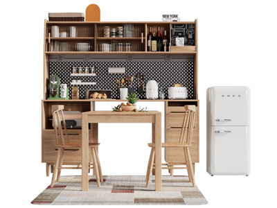 北欧中古餐边柜 餐桌椅组合3d模型 北欧中古餐边柜 餐桌椅组合