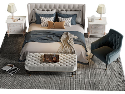 美式双人床 床头柜 床尾凳