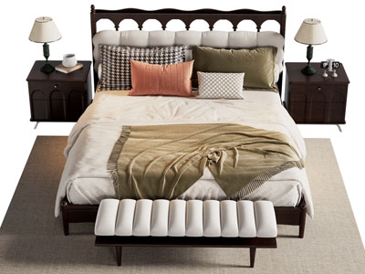 法式实木双人床 床头柜 床尾凳