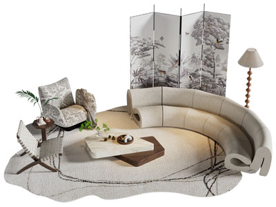 侘寂风异形多人沙发 单人沙发和茶几组合