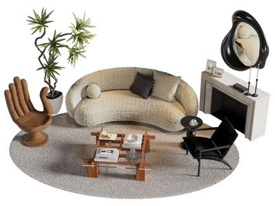 侘寂风多人沙发 休闲椅子和茶几组合