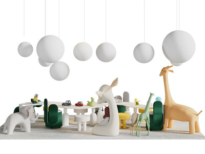 现代儿童桌椅组合 卡通动物玩偶3d模型 现代儿童桌椅组合 卡通动物玩偶