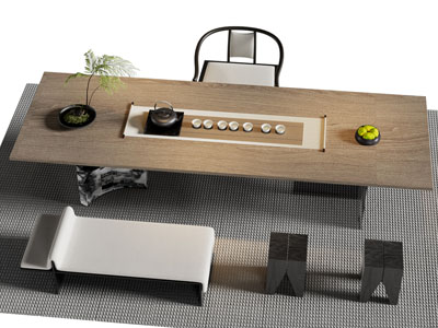 新中式长方形茶桌椅组合3d模型 新中式长方形茶桌椅组合